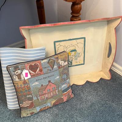 Sale Photo Thumbnail #42: Antique Table , Lamp, Tray, and more.