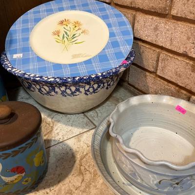 Sale Photo Thumbnail #62: Vintage Canister set , Crock and pottery dishes.