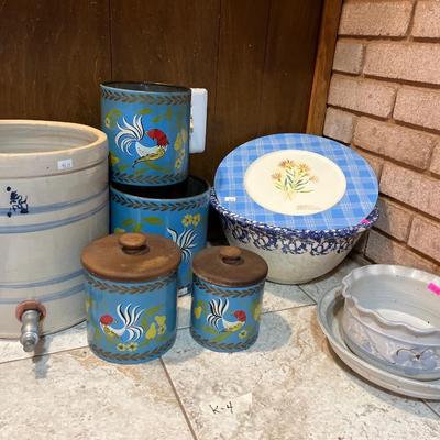 Sale Photo Thumbnail #60: Vintage Canister set , Crock and pottery dishes.