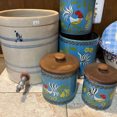 Sale Photo Thumbnail #61: Vintage Canister set , Crock and pottery dishes.