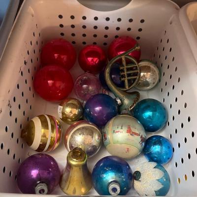 Sale Photo Thumbnail #77: Shiny Brites, Vintage Ornaments, snowman, stockings and more.