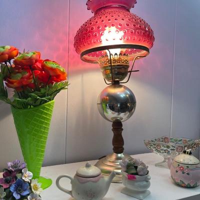 Sale Photo Thumbnail #85: Red & Pink Glasses, bowls, lamp, and more.
