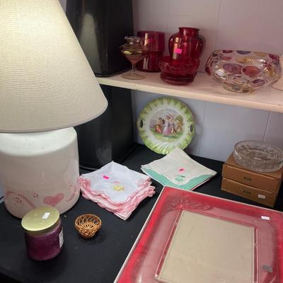 Sale Photo Thumbnail #87: Red & Pink Glasses, bowls, lamp, and more.
