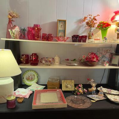 Sale Photo Thumbnail #81: Red & Pink Glasses, bowls, lamp, and more.