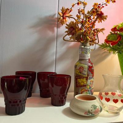 Sale Photo Thumbnail #84: Red & Pink Glasses, bowls, lamp, and more.