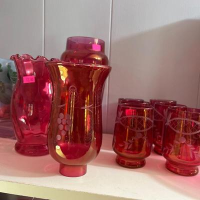 Sale Photo Thumbnail #82: Red & Pink Glasses, bowls, lamp, and more.