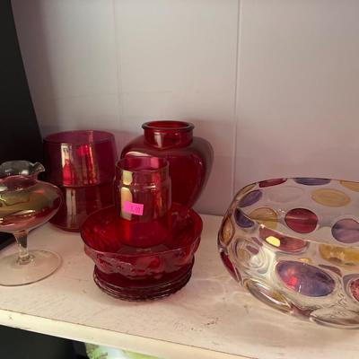 Sale Photo Thumbnail #83: Red & Pink Glasses, bowls, lamp, and more.