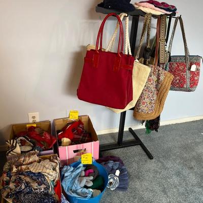Sale Photo Thumbnail #130: Lots of scarves, hats & gloves, purses 

Purse stand not included