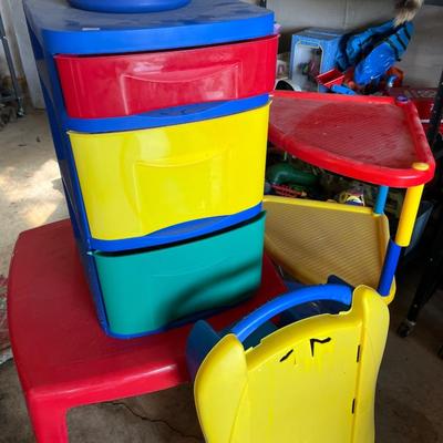 Sale Photo Thumbnail #200: Toys, Stuffed animals, cars, plastic table and storage.
