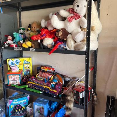 Sale Photo Thumbnail #201: Toys, Stuffed animals, cars, plastic table and storage.