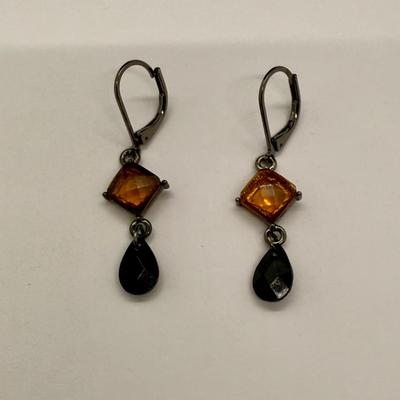 Sale Photo Thumbnail #9: For pierced ears, has a diamond-shaped translucent amber stone above a dark teardrop. Good condition.