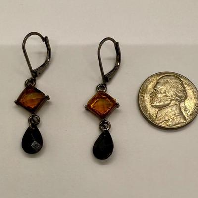 Sale Photo Thumbnail #10: For pierced ears, has a diamond-shaped translucent amber stone above a dark teardrop. Good condition.