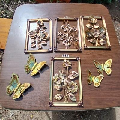 Tin wall art - framed florals and four brass colored butterflies