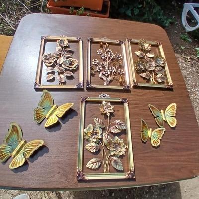 Tin wall art - framed florals and four brass colored butterflies