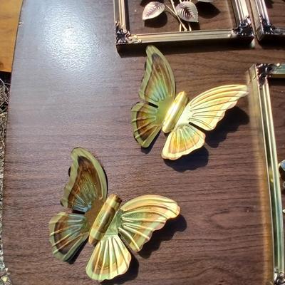 Tin wall art - framed florals and four brass colored butterflies
