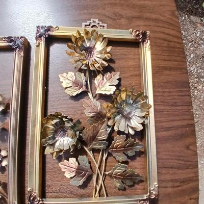 Tin wall art - framed florals and four brass colored butterflies