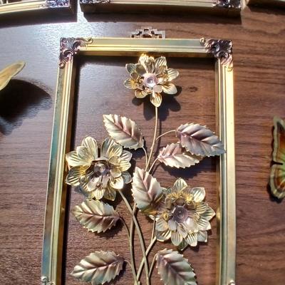 Tin wall art - framed florals and four brass colored butterflies