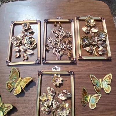 Tin wall art - framed florals and four brass colored butterflies