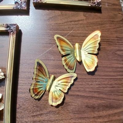 Tin wall art - framed florals and four brass colored butterflies