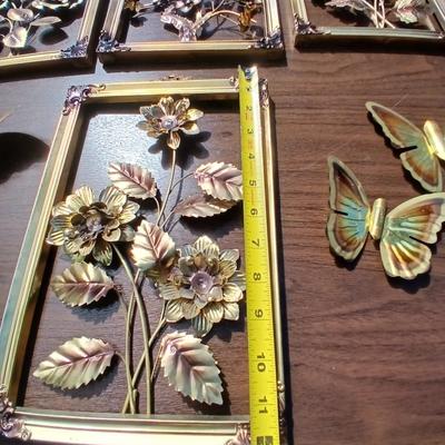 Tin wall art - framed florals and four brass colored butterflies