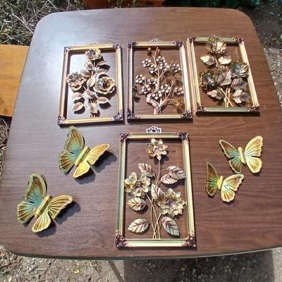Tin wall art - framed florals and four brass colored butterflies