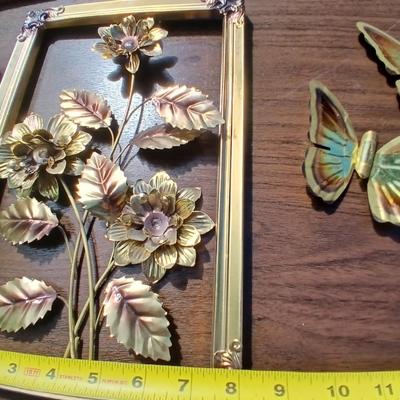 Tin wall art - framed florals and four brass colored butterflies