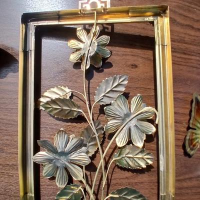 Tin wall art - framed florals and four brass colored butterflies