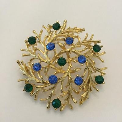 Vintage, gold, toned, multi colored rhinestone brooch