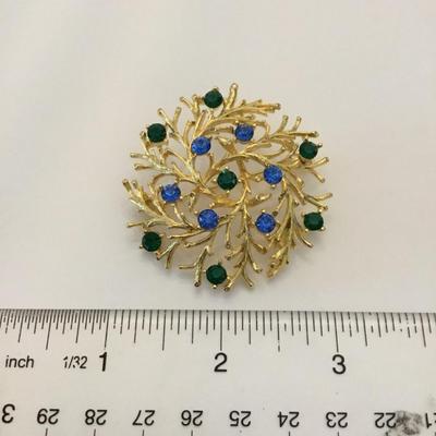 Vintage, gold, toned, multi colored rhinestone brooch