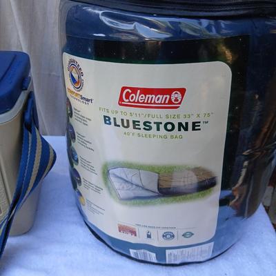 Coleman Bluestone sleeping bag with small Igloo cooler