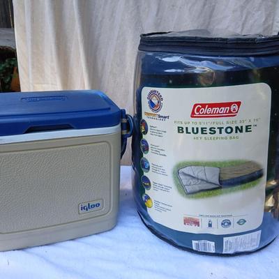 Coleman Bluestone sleeping bag with small Igloo cooler