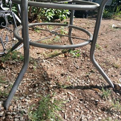 Martha Stewart patio table with etched glass and lazy susan comes with 5 metal chairs and weighted umbrella stand