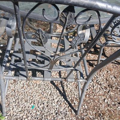Martha Stewart patio table with etched glass and lazy susan comes with 5 metal chairs and weighted umbrella stand