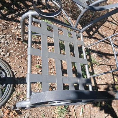 Martha Stewart patio table with etched glass and lazy susan comes with 5 metal chairs and weighted umbrella stand