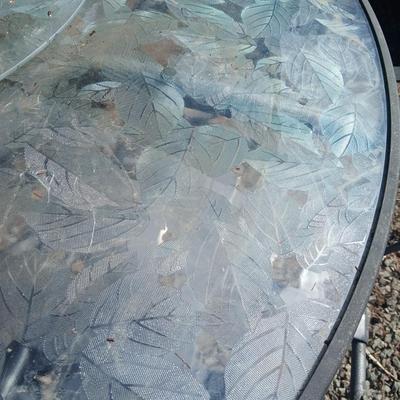 Martha Stewart patio table with etched glass and lazy susan comes with 5 metal chairs and weighted umbrella stand