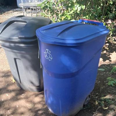 Large rolling back trash can and a blue recycle rolling bin