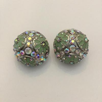 Vintage, silver toned dome, crystal rhinestone, mint green enamel flower, statement earrings