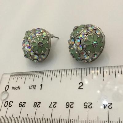 Vintage, silver toned dome, crystal rhinestone, mint green enamel flower, statement earrings