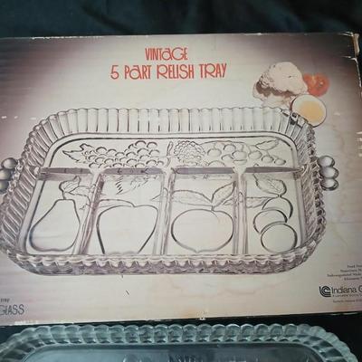 Vintage Indiana glass vegetable trays - one new in box - with other fruit and vegetable shaped glassware