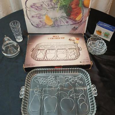 Vintage Indiana glass vegetable trays - one new in box - with other fruit and vegetable shaped glassware