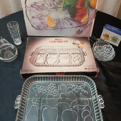 Vintage Indiana glass vegetable trays - one new in box - with other fruit and vegetable shaped glassware