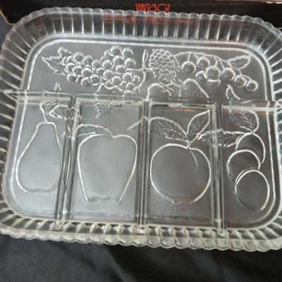 Vintage Indiana glass vegetable trays - one new in box - with other fruit and vegetable shaped glassware
