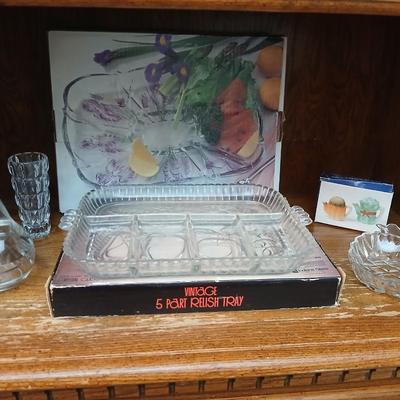 Vintage Indiana glass vegetable trays - one new in box - with other fruit and vegetable shaped glassware