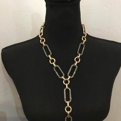 Beautiful, gold tone, chain link rhinestone Y drop necklace