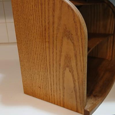 Nice wooden Bread box with center shelf, a new knife and a cutting board