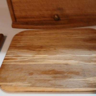 Nice wooden Bread box with center shelf, a new knife and a cutting board