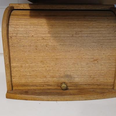 Nice wooden Bread box with center shelf, a new knife and a cutting board