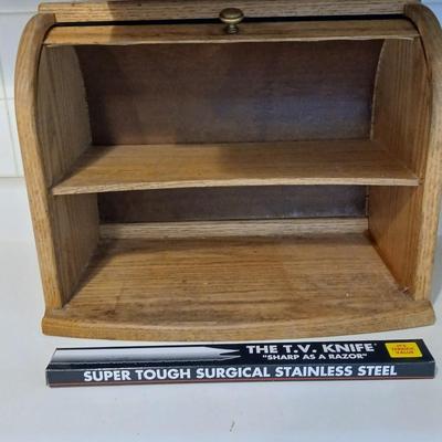 Nice wooden Bread box with center shelf, a new knife and a cutting board