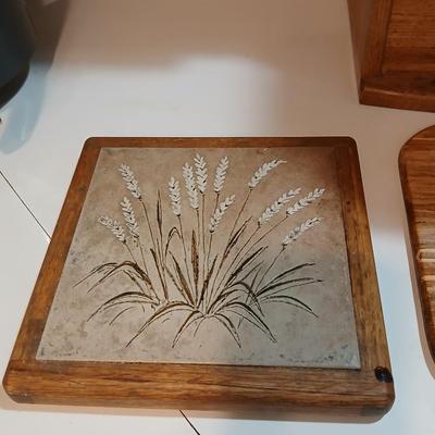 Nice wooden Bread box with center shelf, a new knife and a cutting board