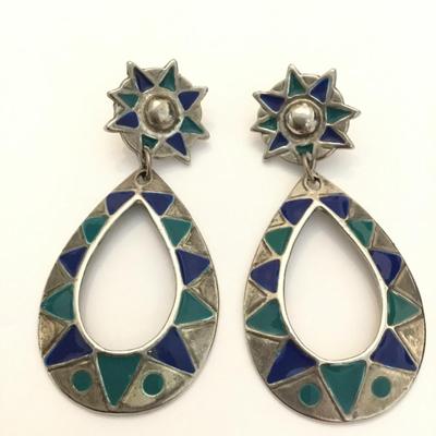 Vintage Silver tone, turquoise and blue enamel star teardrop statement, dangle earrings